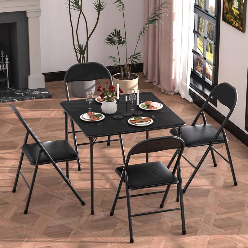 Javlergo Black PU Leather 5-Piece Folding Table and Chairs Set – Portable Card Game Table for Indoor Outdoor Use No Assembly