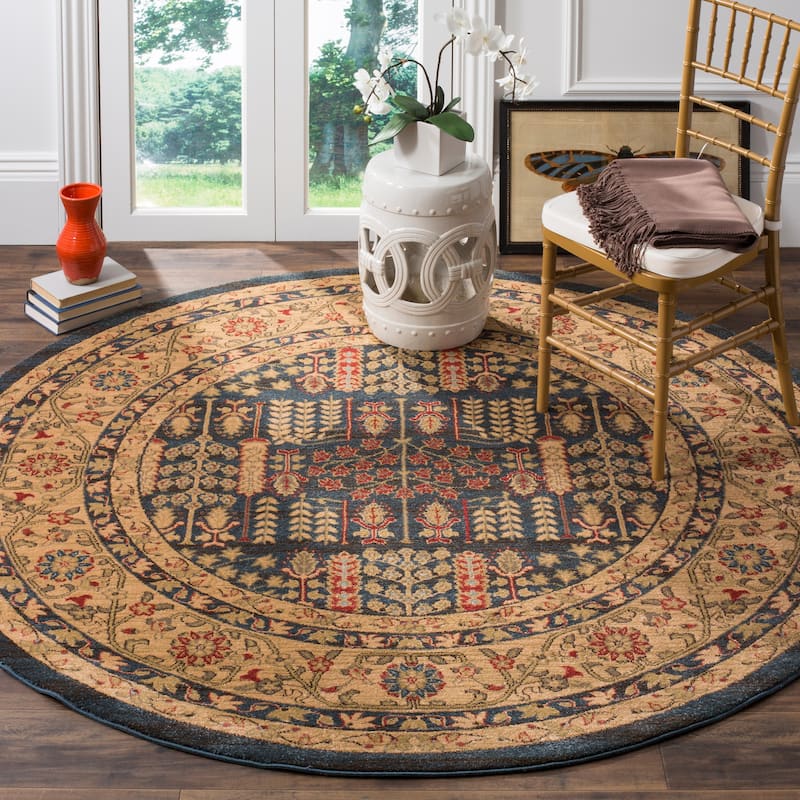 SAFAVIEH Mahal Laurene Traditional Oriental Rug - 6'7" Round - Navy/Natural