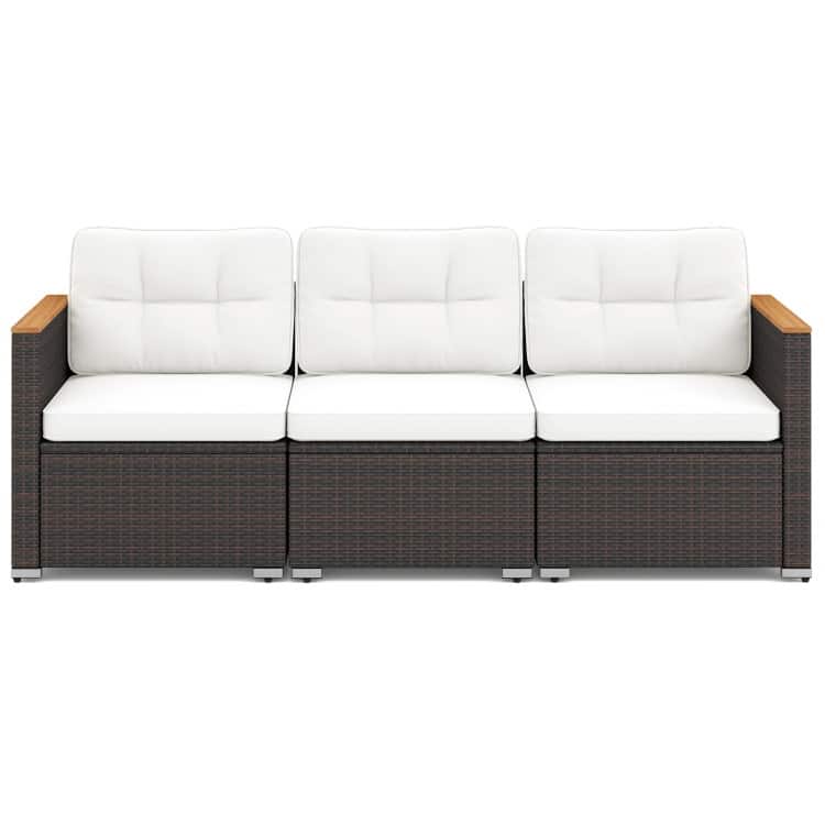 Mix Brown Rattan Metal 3-Seat Patio Sofa with Wood Arms and Cushions - 26" x 76" x 25.5"