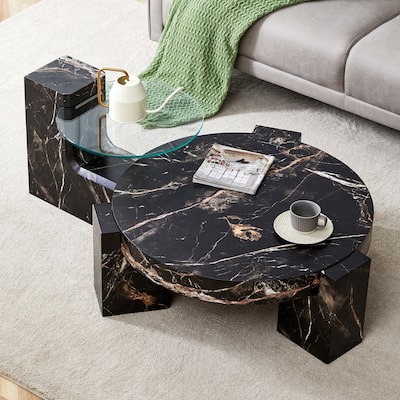 Double-Layer Round Coffee Table, Transparent Glass Top with L-Shaped Legs, Detachable Design Modern Center Table