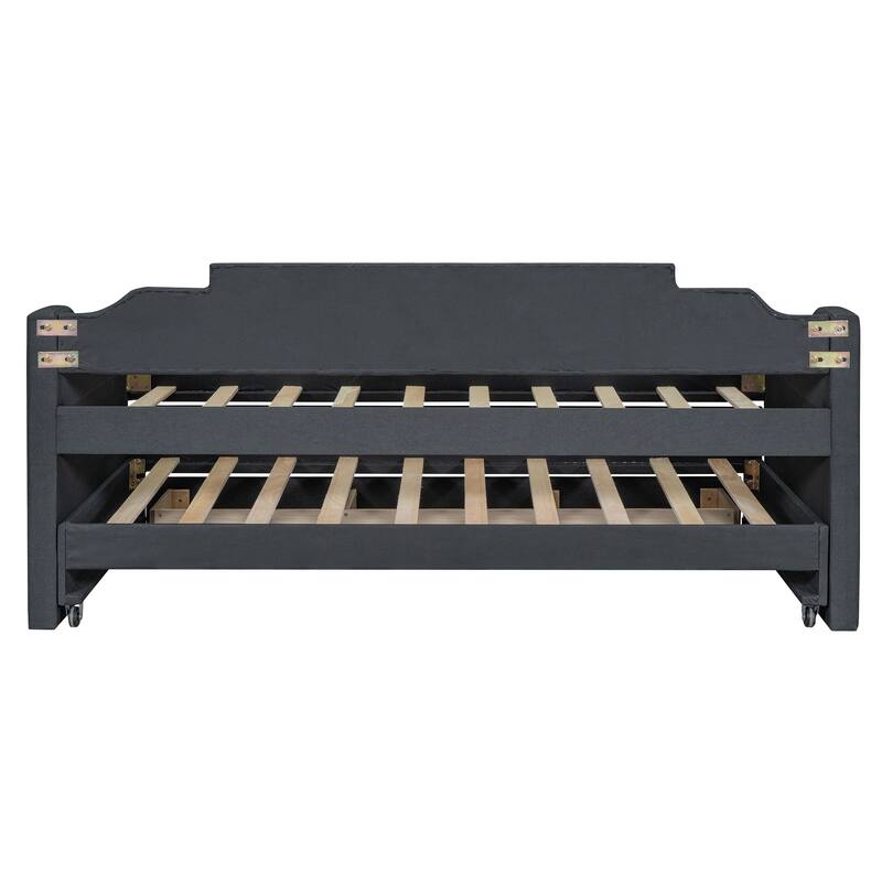 Twin Size Upholstered Daybed with Trundle and Three Drawers in Grey