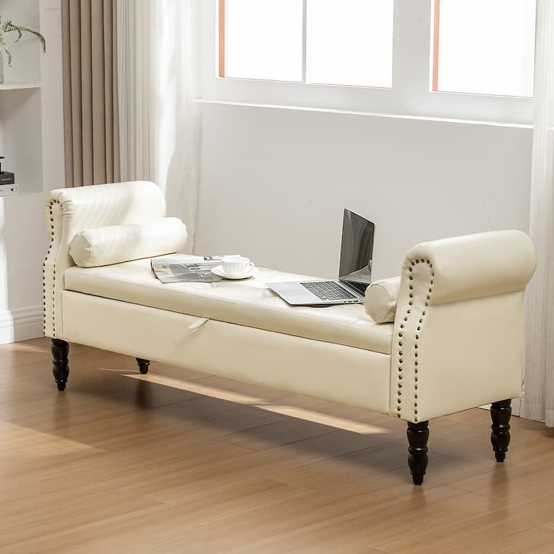 HOMYKA 66.9" Tufted Storage Bench with Rolled Arms Ottoman Long Bench