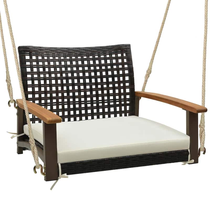 Outdoor Single Swing Chair Bench Rattan Porch Swing w/ Cushion - Mix Brown+Beige