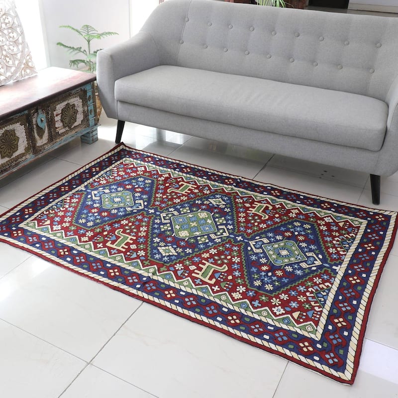 Wool chain stitch rug, 'Kashmir Festival' (3x5) - 3' x 5'