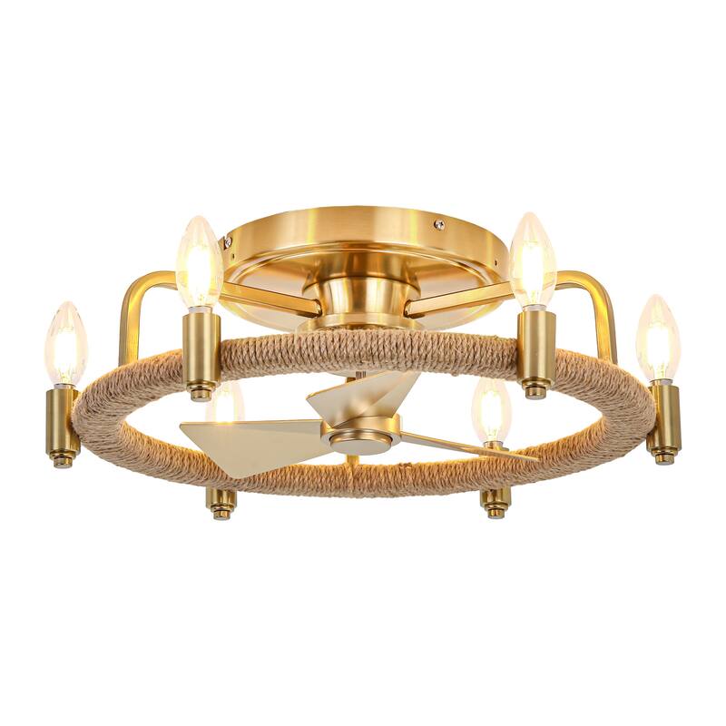 20" Gold Farmhouse Hemp Rope Low Profile Ceiling Fan with Light and Remote - 20.3 in. W × 6.5 in. H