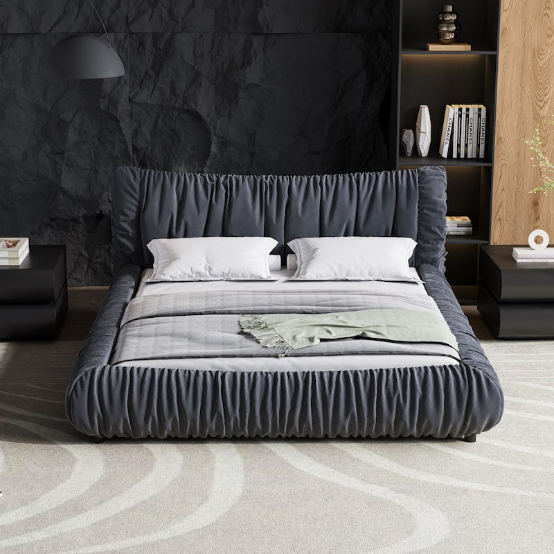 King Size Upholstered Platform Bed with Removable Cushions, Solid Pine Wood Frame, Adjustable Mattress Heights
