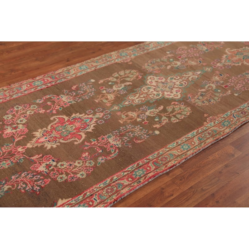 Brown Floral Mahal Persian Runner Rug Handmade Wool Carpet - 3'4"x 10'11"