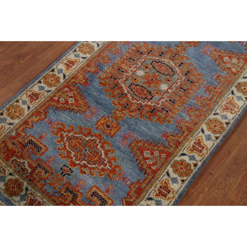 Blue Geometric Khotan Indian Runner Rug Hand-Knotted Wool Carpet - 2'8"x 7'10"