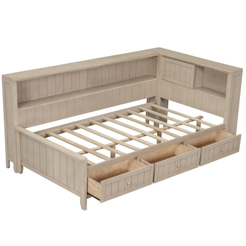 Antique White Twin Wood Daybed with Storage Shelves and 3 Drawers