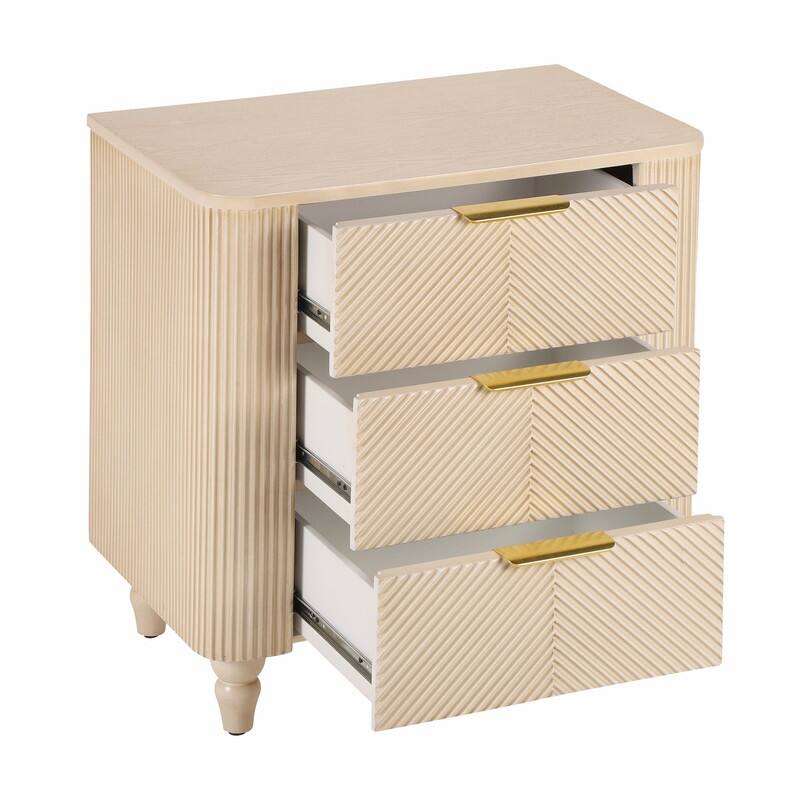 Mid-Century Fluted 3-Drawer Nightstand with Curved Design and Gold Handles