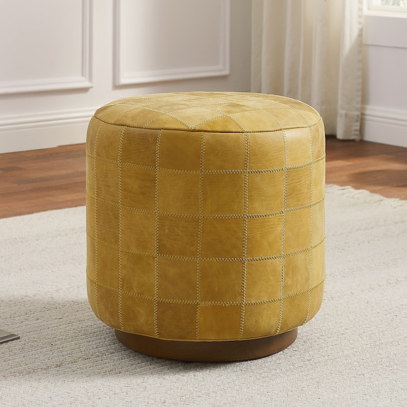 Art Leon Vintage Genuine Leather Ottoman Footstool with Checkered Stitching - Light Brown