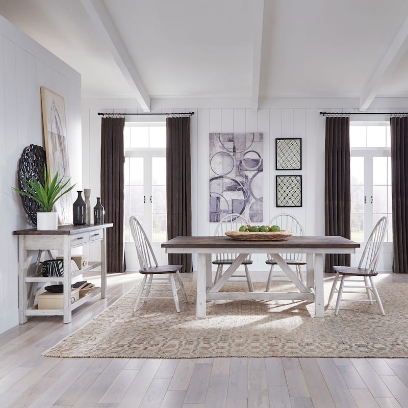 Farmhouse White and Wood Tone 5 Piece Trestle Table Set - White