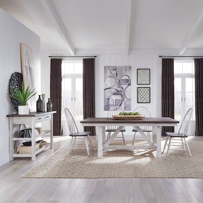 Farmhouse White and Wood Tone 5 Piece Trestle Table Set
