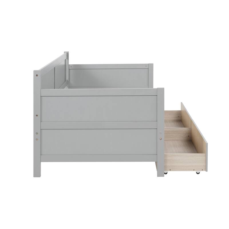Twin Wooden Daybed Frame with 2 Pull-Out Storage Drawers, Solid Pine Construction, Minimalist Sofa Bed for Bedroom