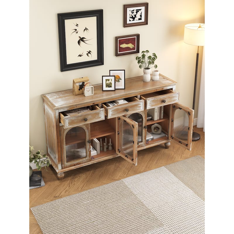 59.06"Farmhouse Sideboard Buffet Cabinet, Distressed Wood Credenza with 3 Drawers & 4 Glass Doors, Storage Cabinet with Shelves