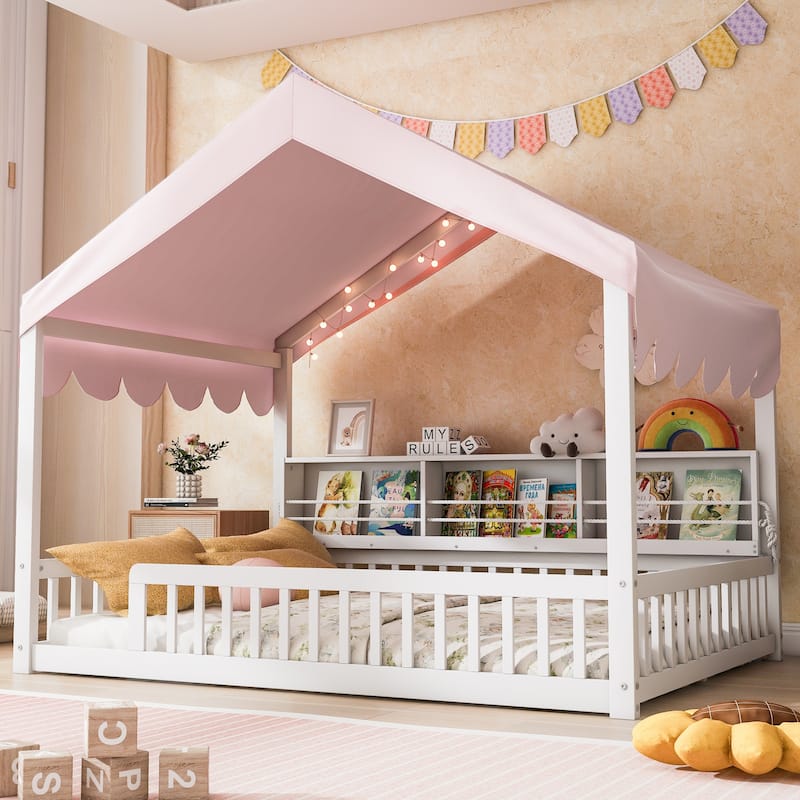 Full Size House-Shaped Daybed with Storage Bookshelves, Canopy Curtain and LED Light, Wooden Floor Bed with Fence