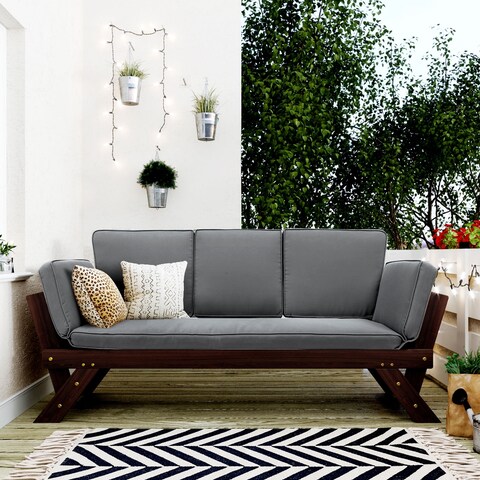 Outdoor Adjustable Patio Wooden Daybed Sofa Chaise Lounge with Cushions for Small Places, Brown Finish+ Cushion