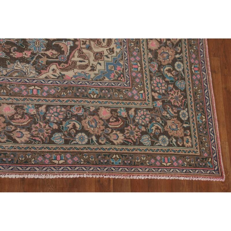 Traditional Pink Mashad Persian Vintage Rug Handmade Wool Carpet - 9'6"x 12'6"