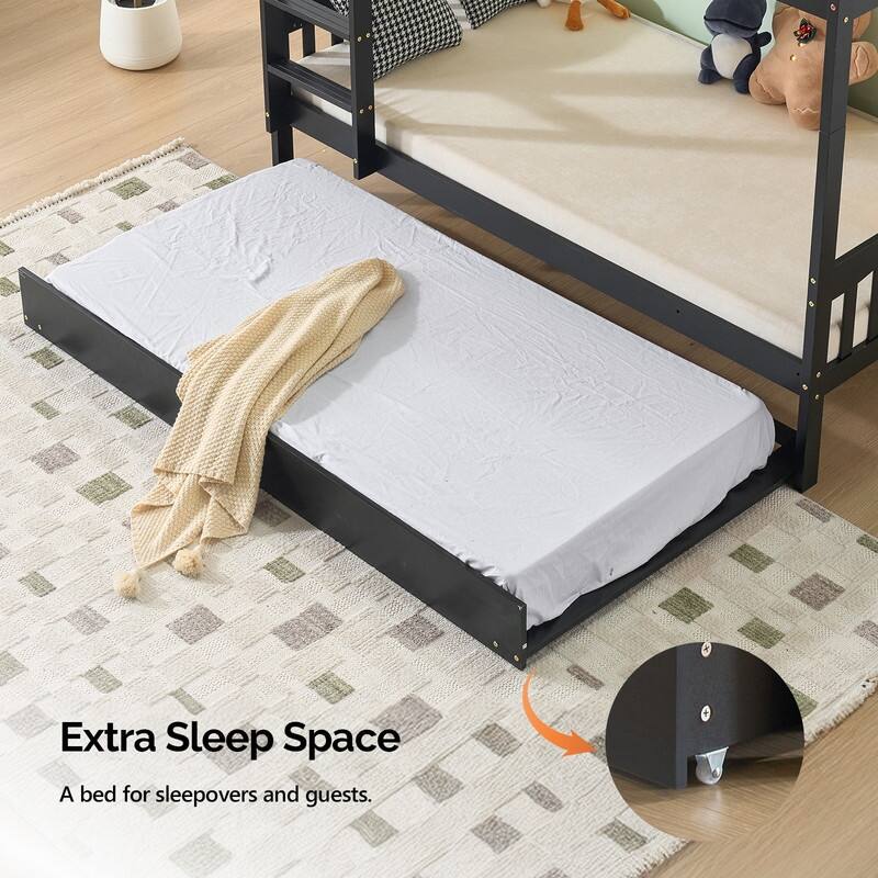 Twin over Twin Wood Bunk Bed with RGB LED Light,USB Port Charging Station and Guardrail ,Trundle Bed,Reversible Ladder