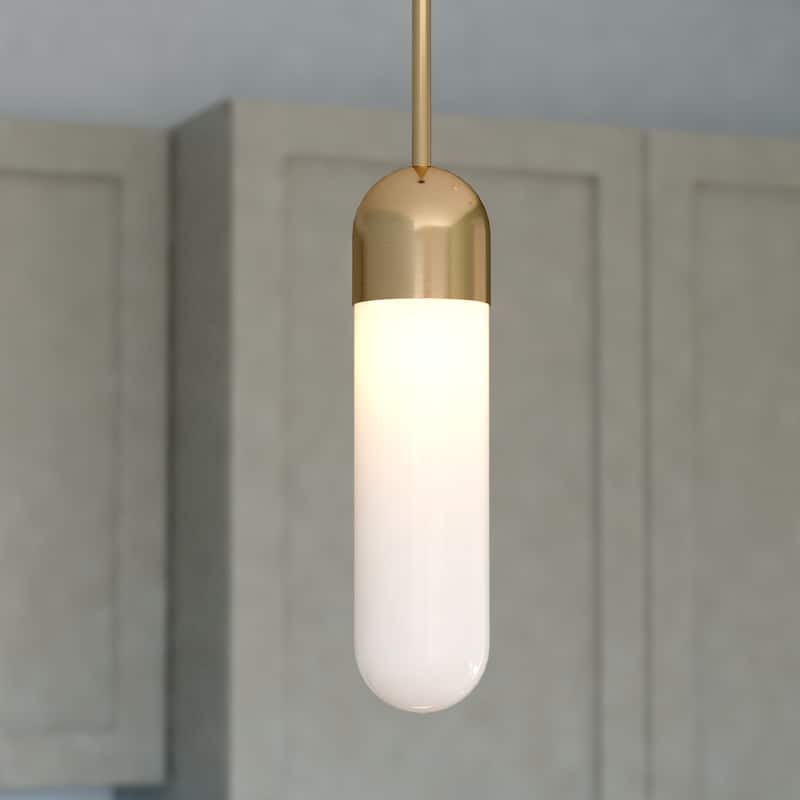 Thalia Contemporary Mini Pendant Ceiling Light White Pill Glass - Antique Gold - 4.75-in W x 15.5-in H x 4.75-in D