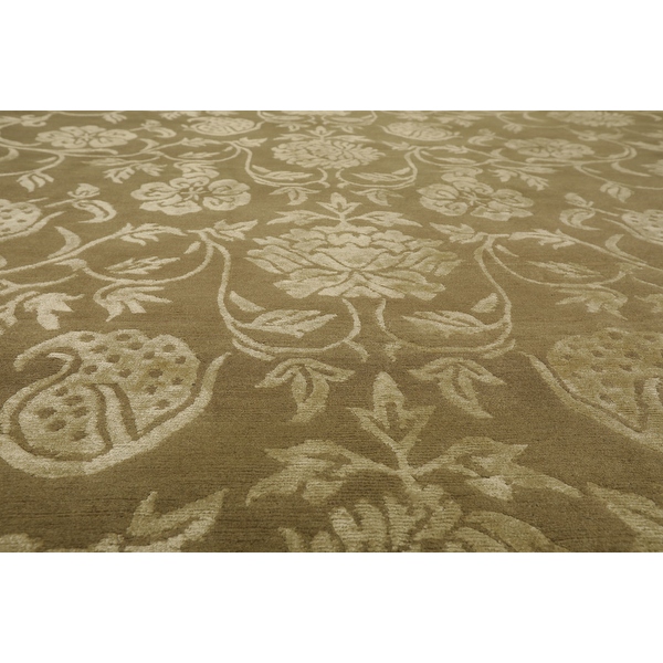 Hand Knotted Botanical Tone On Tone,Olive Green Tibetan Wool and Silk ...