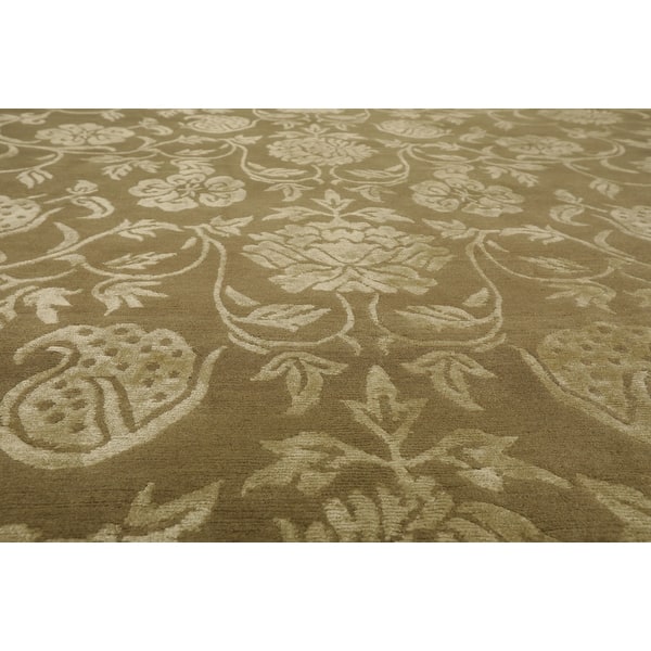 Hand Knotted Botanical Tone On Tone,Olive Green Tibetan Wool and Silk ...