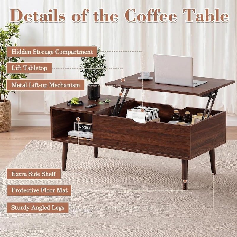 Coffee Table, Wood Lift Top Coffee Table with Storage Shelf, Lift Tabletop Dining Table for Home Living Room, Office