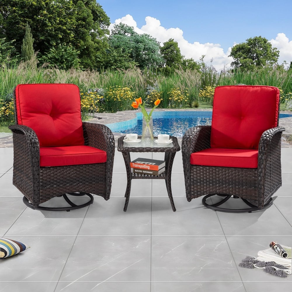 Cozywor 3-Piece Wicker Patio Swivel Outdoor Rocking Chair Conversation Set
