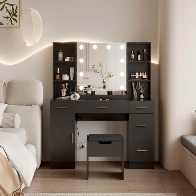 55.7" Dressing Table with LED Lights, Storage Shelves & Stool, Drawers