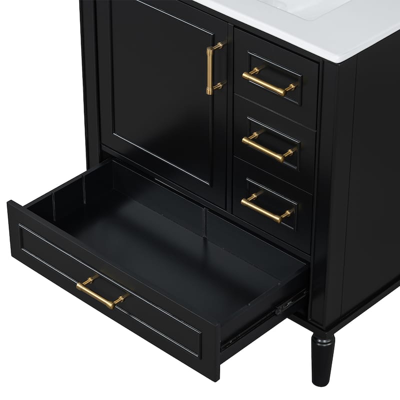 30" Freestanding Single Sink Storage Cabinet Bathroom Vanity with Gold Handles, Groove Decoration and Overflow Drain Protectio