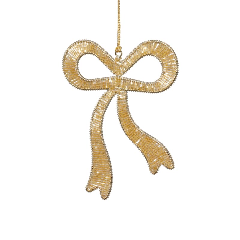 Holiday Decorative Beaded Gold Bow Hanging Ornaments, 12 Pieces (6 Sets of 2)