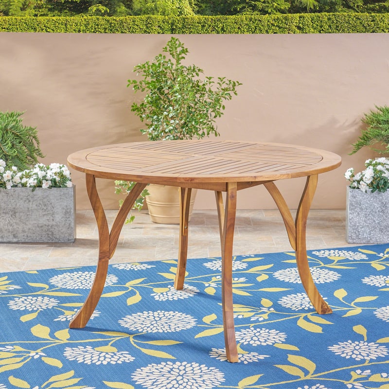 Roomfitters Round Outdoor Dining Table with Slatted Acacia Wood Top and Curved Legs, Patio Garden Table for 4, Teak