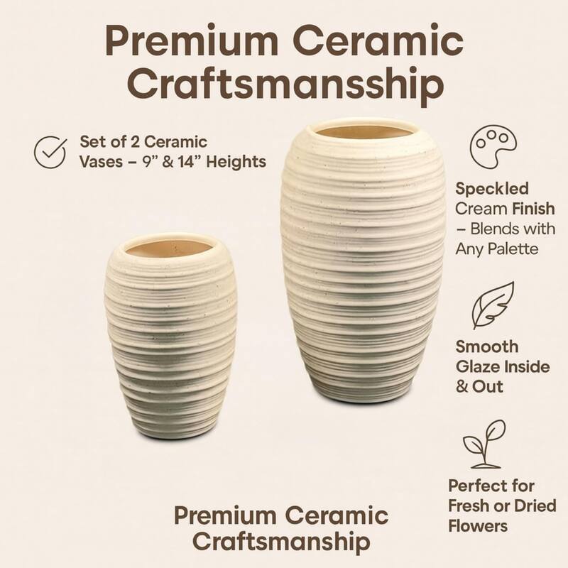 Aria Home Cream Sandstone Set of 2 Tall Speckled Ceramic Table Vases