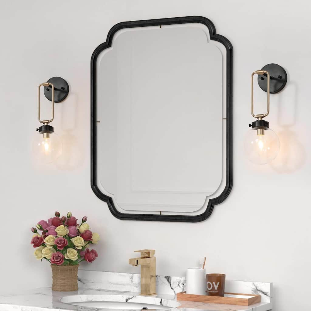 Modern Brass Bathroom Sconce Globe Glass Dimmable Farmhouse Wall Light for Foyer/ Stairway - L5" x W7" x H14.5"