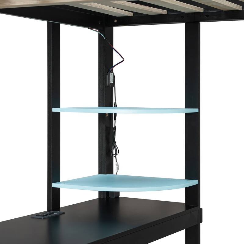 Roomfitters Full Gaming Loft Bed with Desk, Open Wardrobe, RGB LED and USB Ports, Space Saving Sleeper