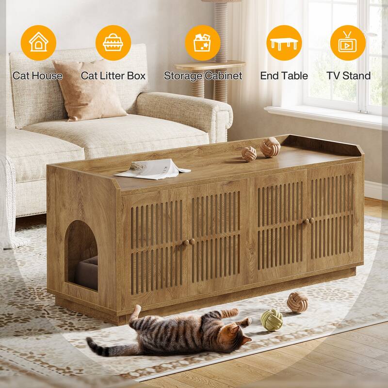 2 Cats Litter Box Enclosure, 55.1-Inch Extra Large Hidden Litter Box Furniture, Wooden XL Cat Washroom Furniture with Storage