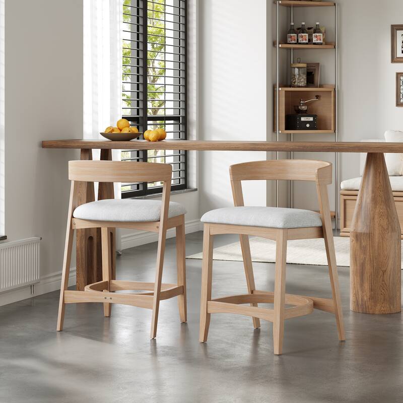Christopher Knight Home - Mid-Century Upholstered Wooden Counter Stools - 27" Seat Height Bar Stools with Back, Set of 2 - Natural