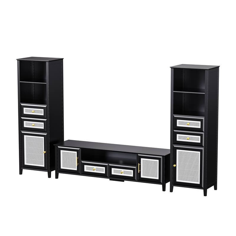 Black Rattan TV Stand Sets with TV Console and 2 Tall Cabinets - 102.10" x 15.70" x 63.00"
