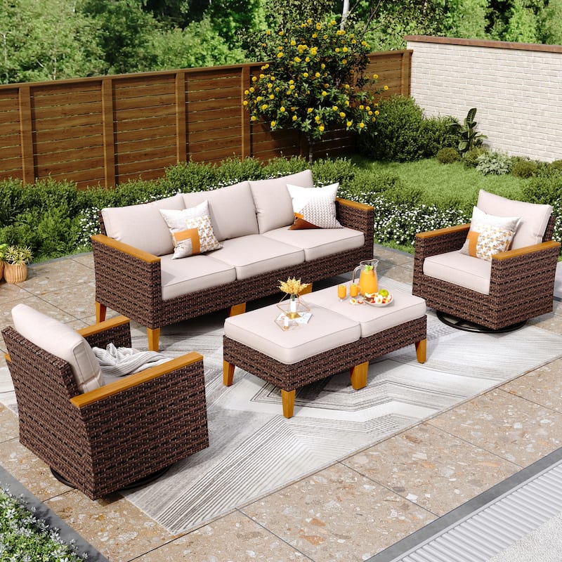 10 Piece Patio Wicker Rattan Furniture Set, Half-Moon Rattan Conversation sets with 2 X Swivel Chair Sofa and Firepit Table - 7-Seat