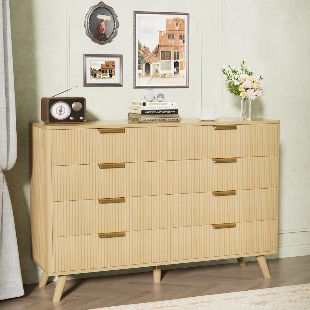 Gymojoy 8 Drawer Fluted Dresser for Bedroom, Modern Wave Pattern Wood Chest with Gold Handles, Boho Storage Dresser