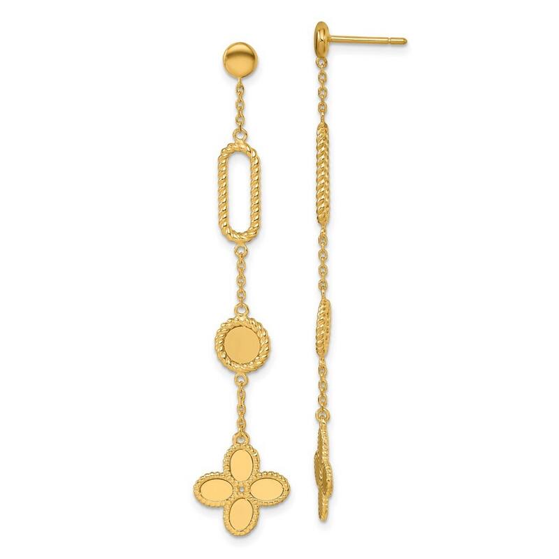 Curata 14K Italian Yellow Gold Paperclip, Circle and Clover Long Drop Earrings - 12x65mm