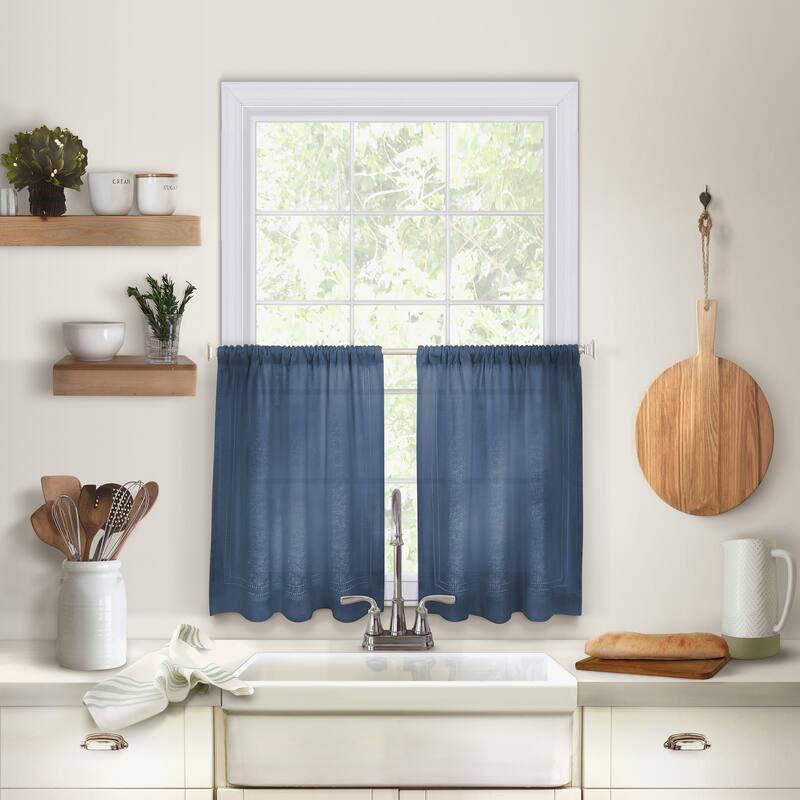 Elrene Cameron Rod Pocket Kitchen Curtain Tier Set of Two - 30" w x 24" l - Indigo