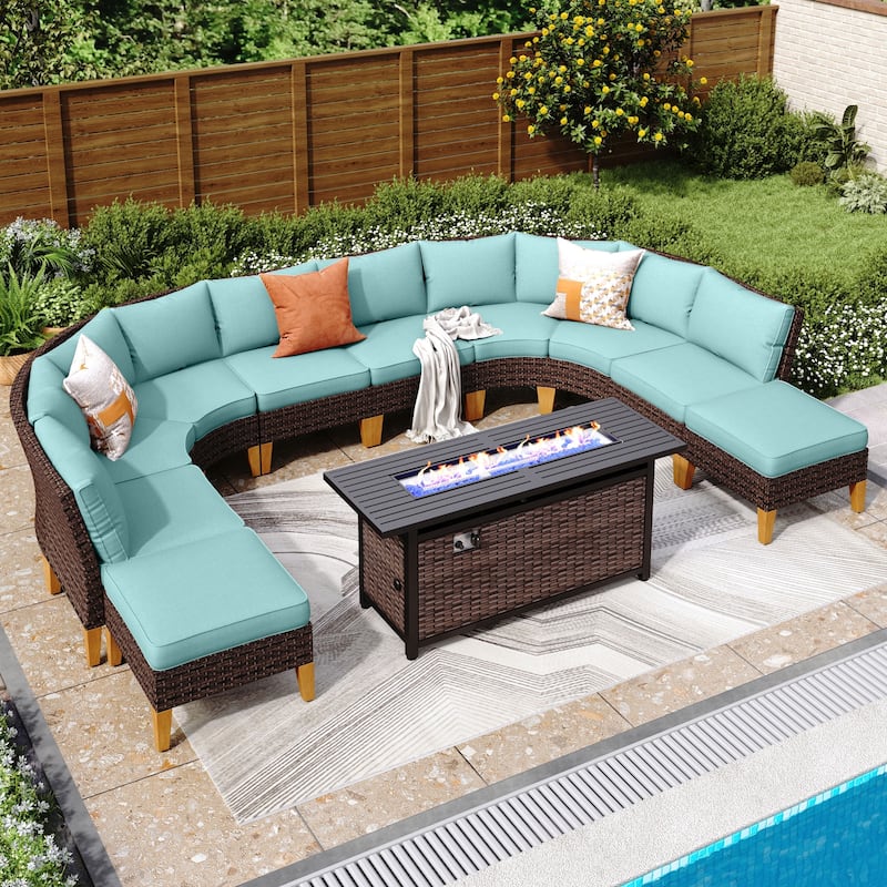 6-11 Piece Patio Outdoor Wicker Sectional Sofa Half-Moon Furniture Set Large Seating Conversation Sets with Fire Pit Table - 10 Seats - Lake Blue