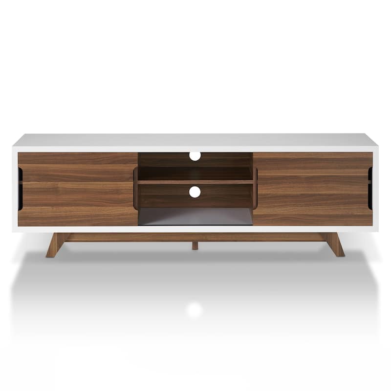 DH BASIC Mid-Century Modern White and Walnut 62-inch Wide 6-Shelf TV Stand by Denhour