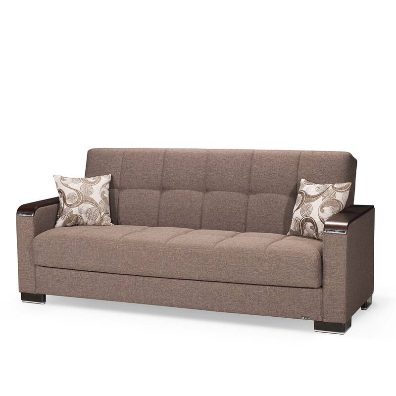 HomeRoots 87" Brown Chenille Convertible Futon Sleeper Sofa And Toss Pillows With Storage