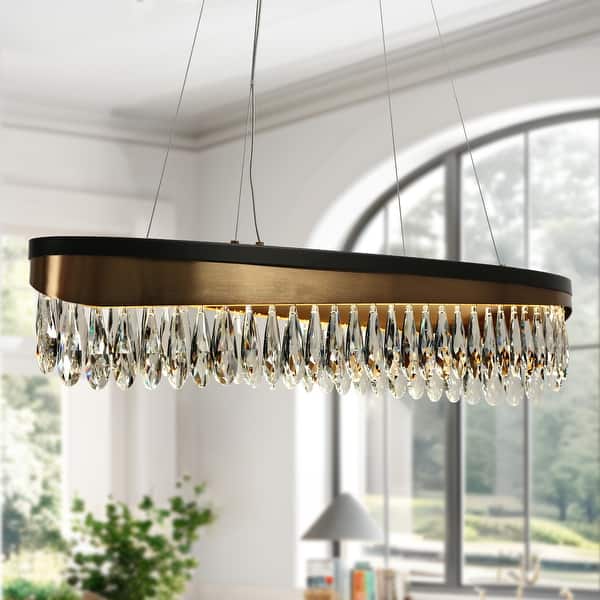 slide 2 of 15, Modern 1-Light LED Crystal Chandelier Black Gold Linear Island Lights for Dining Room - D31.5" x H6"