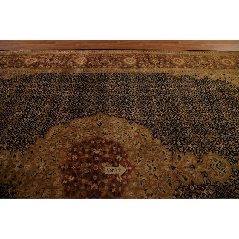 Hand Knotted Oriental 100% Wool Carpet Traditional Floral Black Kashan Area Rug - 18' 0'' X 12' 2''