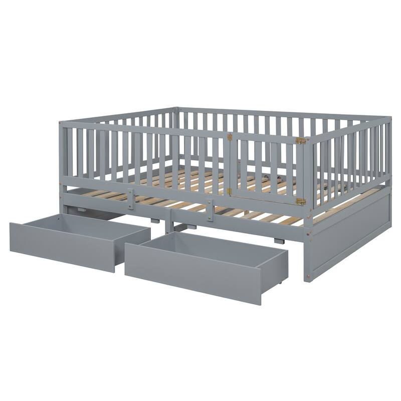 Full Size Wood Daybed with Fence Guardrails and 2 Drawers, Converts to Floor Bed or Daybed, Gray