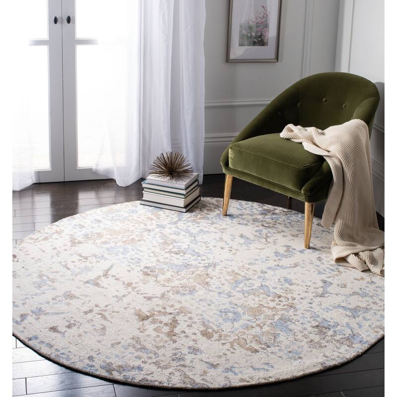 SAFAVIEH Hand-knotted Expression Erza Vintage Boho Abstract Wool Rug - 6' Round - Ivory/Blue