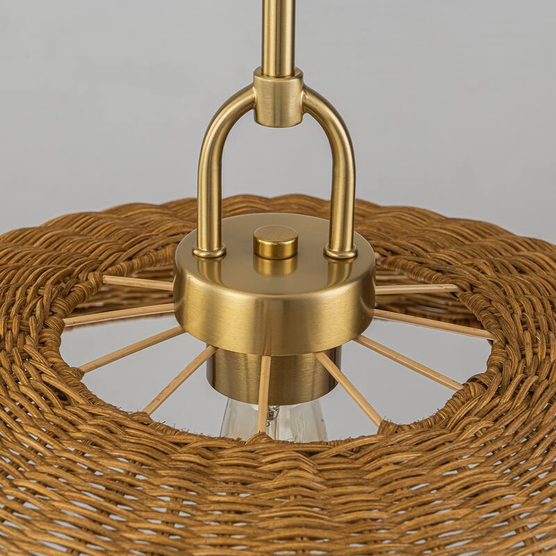 1-Light Modern Farmhouse Dome Straw Hat Hand Woven Chandelier with Natural Rattan Shade - Brass - 18.11" W × 9.06" H